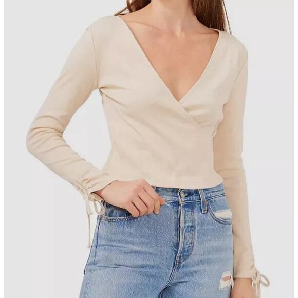1.STATE Long Sleeve Rib Wrap Top, Tapioca Beige, Tie Sleeve Detail, Plus Size 3X - Picture 1 of 8